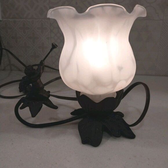 Vintage-Inspired Bronze Cherub Accent Lamp Tulip Frosted Glass Shade Nightlight - Picture 9 of 16